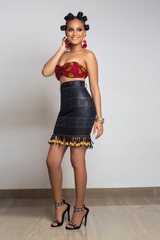 Adinkra fringe beaded skirt