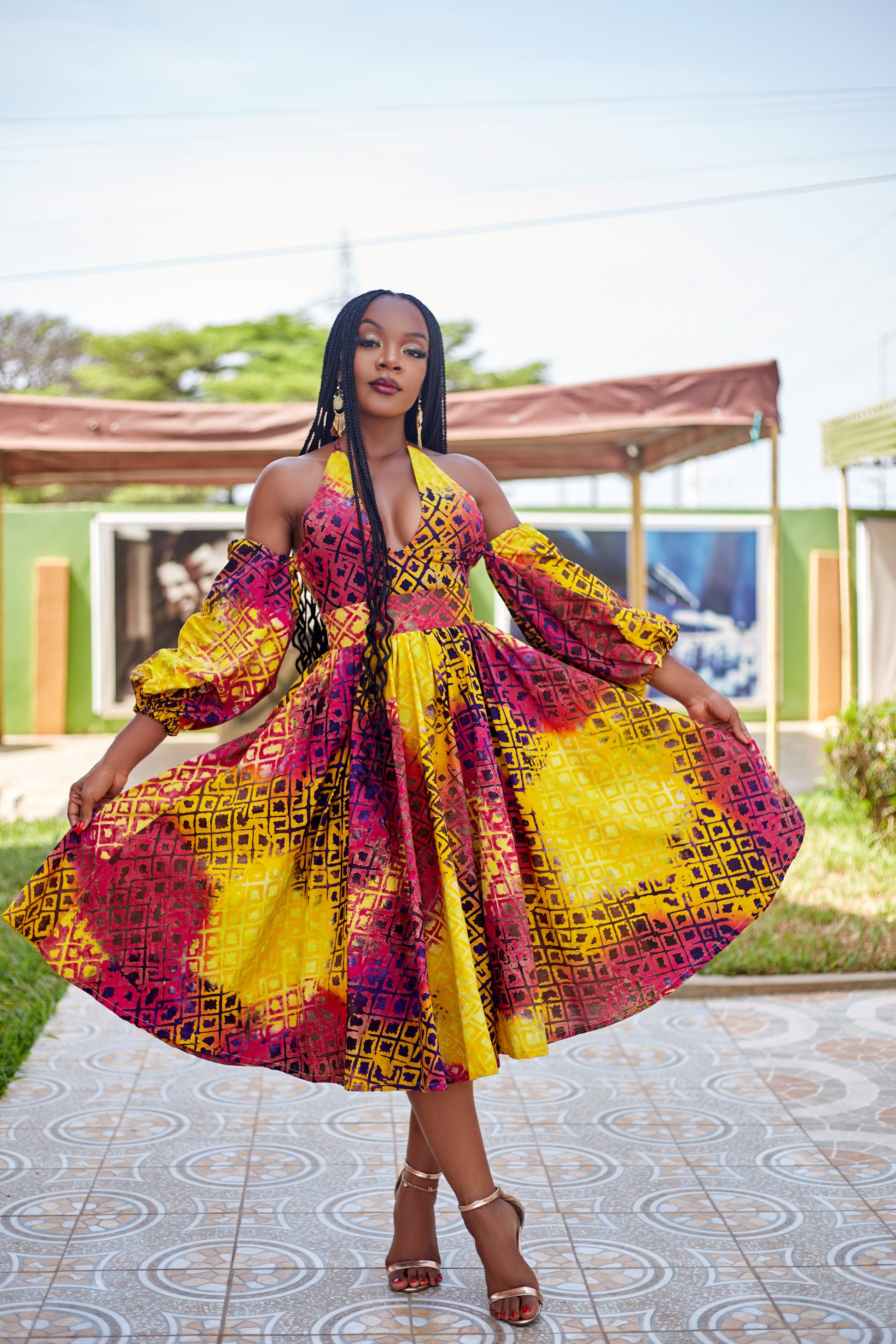 batik dress CARRIE VISCOSE SATIN SUNSET PINK Slipover style features a flattering waist seam African Batik Dresses for Women